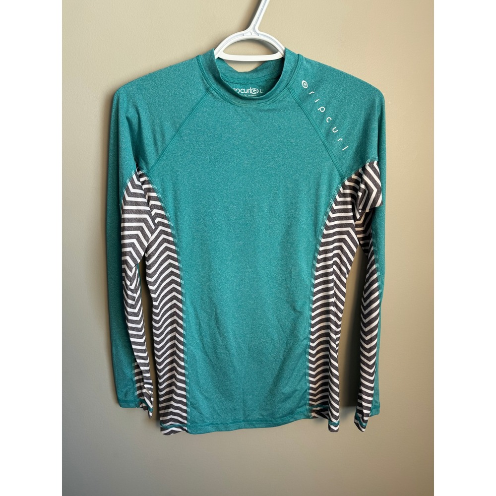 Rip Curl Long Sleeve Rash Guard Swim Shirt Teal Chevron Striped Womens Large